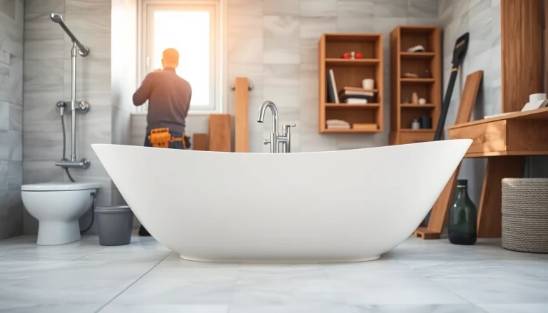 Skilled bathroom builders renovating a luxurious space with elegant features and natural light.