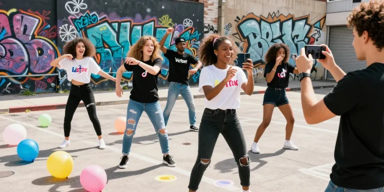 Group of creators filming TikTok videos together, showcasing how to become famous on TikTok with vibrant urban backdrop.