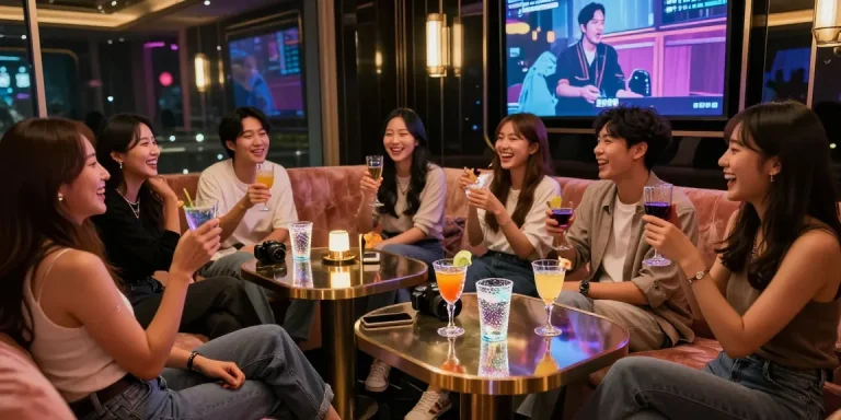 강남쩜오에서 즐거운 시간을 보내고 있는 고객들, 현대적인 인테리어와 아늑한 조명이 돋보이는 분위기.