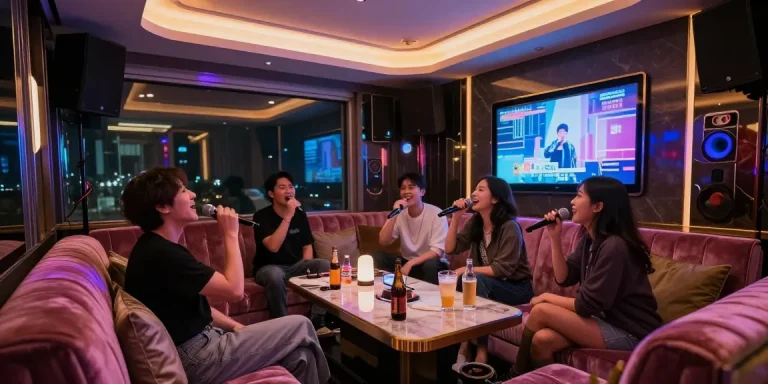 강남가라오케에서 즐겁게 노래하고 술을 마시는 장면, 화려한 조명과 고급스러운 인테리어가 돋보인다.