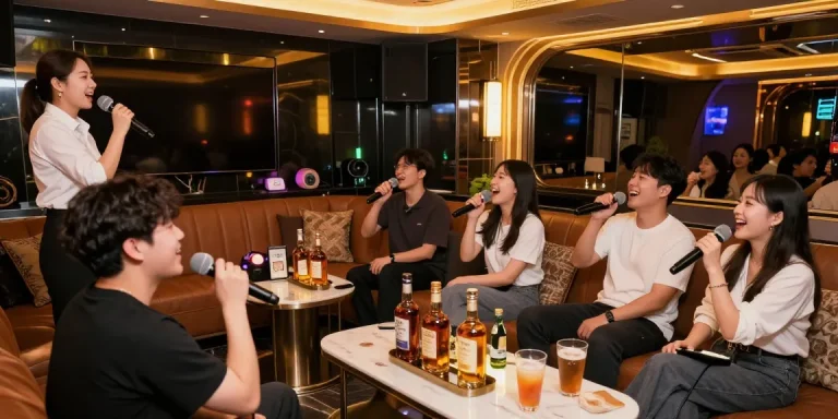 강남 가라오케에서 화려한 프라이빗 룸에서 즐겁게 노래하는 모습과 음료가 놓인 테이블, 아름다운 매니저들이 함께하는 분위기