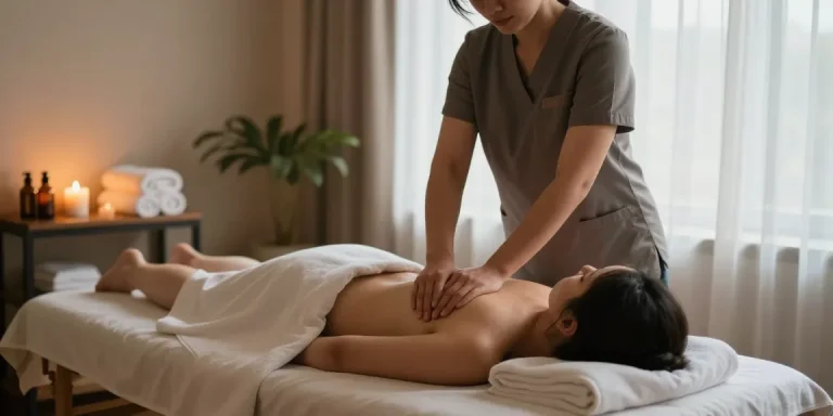 스웨디시 마사지를 받는 고객과 전문가의 편안한 모습, 아로마와 조명이 가득한 스파 환경
