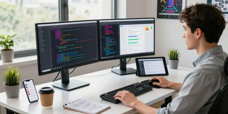 Engaged developer at a modern workspace, showcasing 纸飞机中文版官网 use in a productive tech environment.