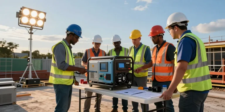 Team assessing portable gas generator at outdoor construction site, showcasing innovative energy solutions.