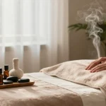 마사지 치료를 받는 사람과 아로마 오일과 마사지 도구가 배치된 편안한 분위기의 마사지룸