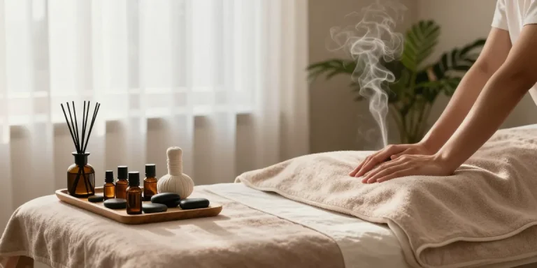마사지 치료를 받는 사람과 아로마 오일과 마사지 도구가 배치된 편안한 분위기의 마사지룸