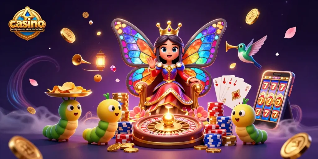 Jeux rapides dans un casino en ligne avec retrait instantané illustrant une reine papillon et des éléments de casino.