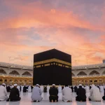 Umroh Ramadhan travel scene at Kaaba, pilgrims in devotion.