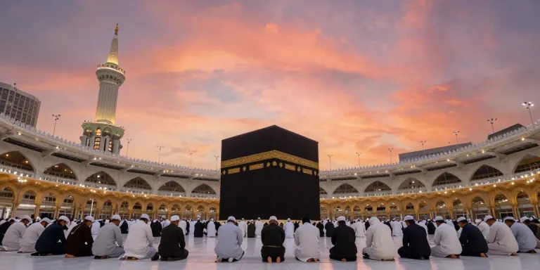 Umroh Ramadhan travel scene at Kaaba, pilgrims in devotion.
