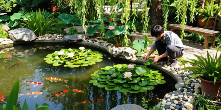 Pond plants thrive in a serene garden setting with koi fish swimming.