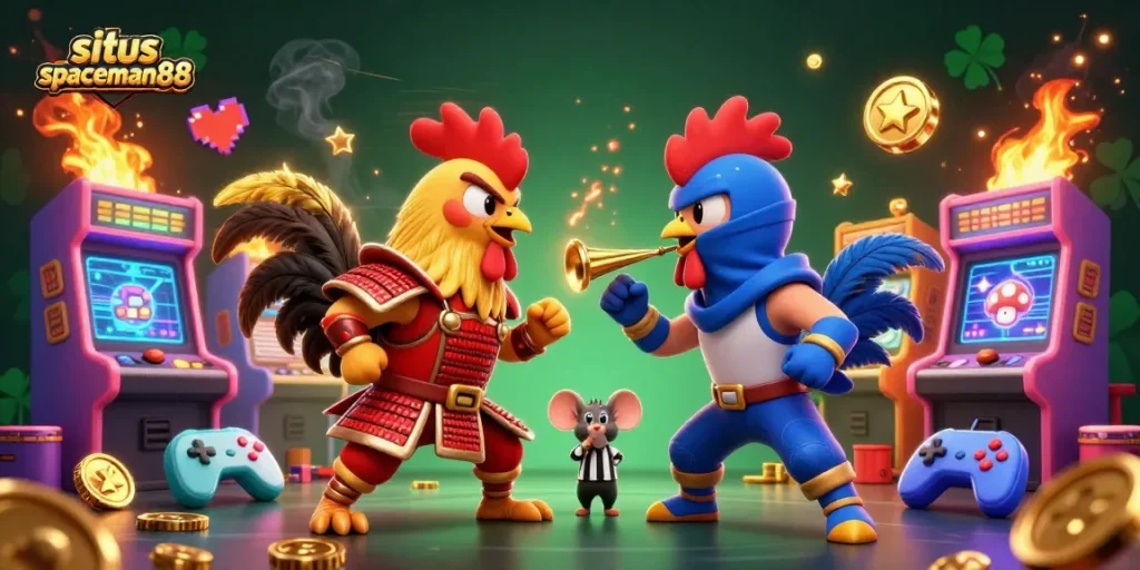 Experience immersive gameplay at situs spaceman88 with dynamic fighting roosters and arcade elements.
