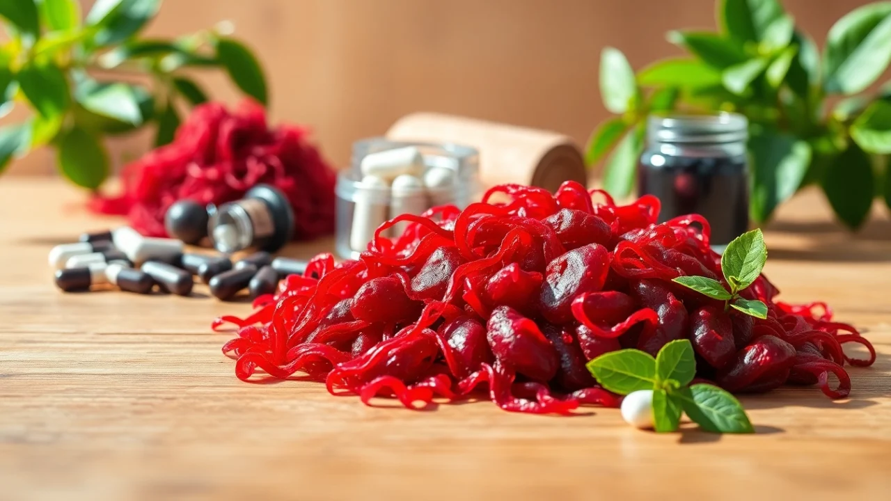 Enhance wellness with astaxanthin Canada via beautiful red algae and supplements on a wooden table.