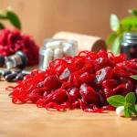 Enhance wellness with astaxanthin Canada via beautiful red algae and supplements on a wooden table.