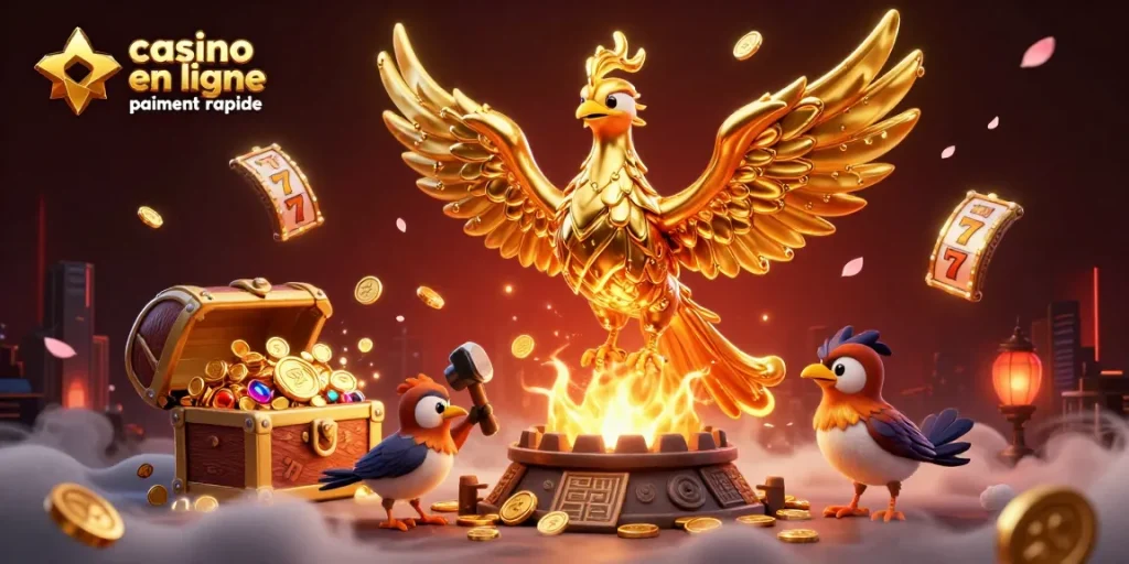 Célébrez le casino en ligne paiement rapide avec une illustration dynamique de la pièce d'or et de la richesse.