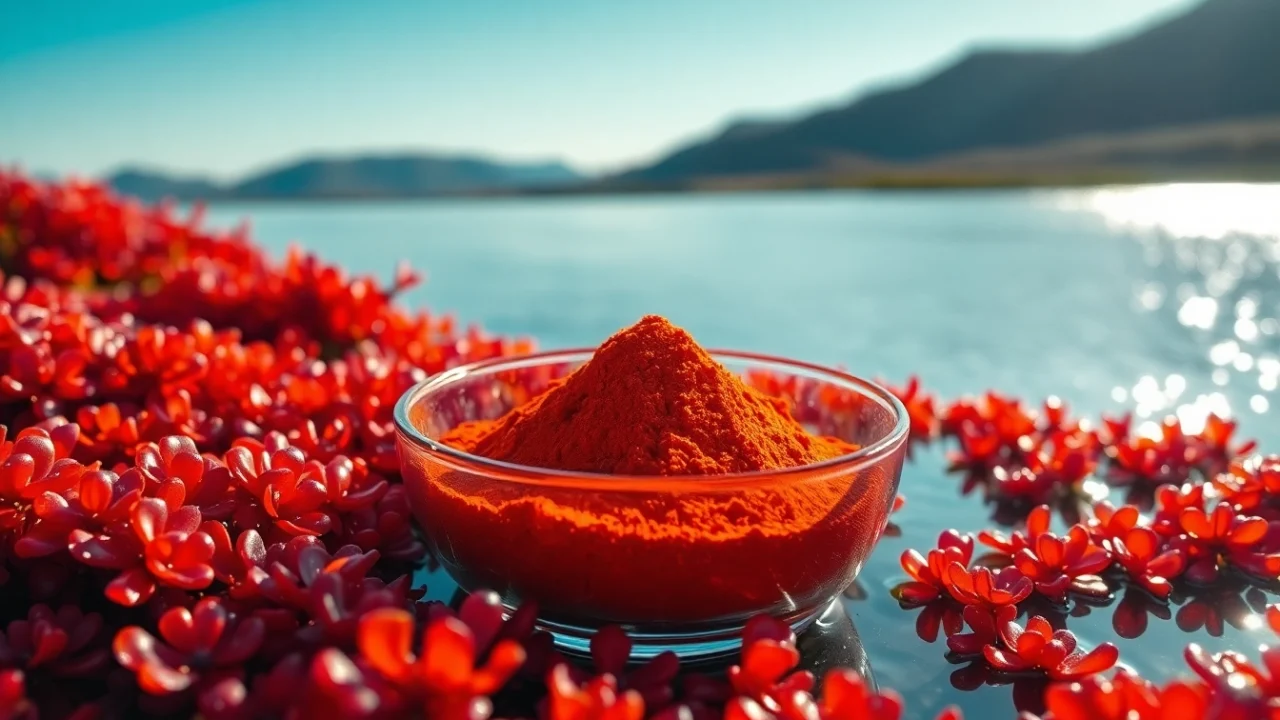Discover astaxanthin Canada powder in a vibrant natural setting, showcasing its health benefits.