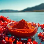 Discover astaxanthin Canada powder in a vibrant natural setting, showcasing its health benefits.