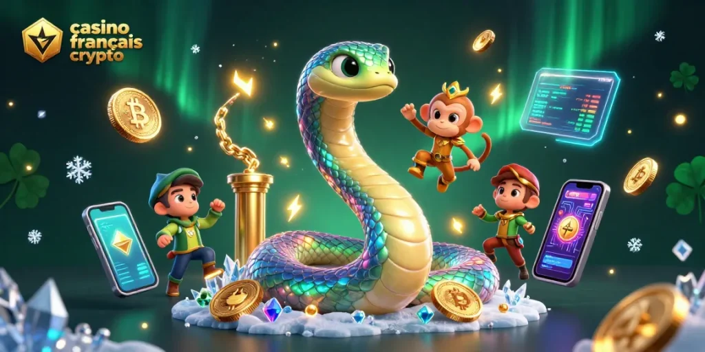 Gagnez au casino français crypto avec des symboles de jeu et des pièces de crypto-monnaie.